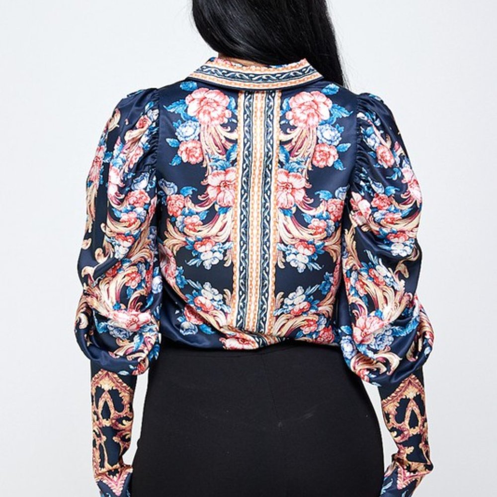 Women's Floral Balloon Sleeve Shirt Blouse - Picture 7 of 8